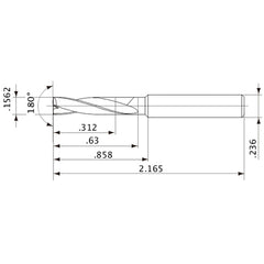 MFE0397X02S060 DP1020 0.1562″ Dia. × 0.236″ Shank × 0.63″ Flute Length × 2.165″ OAL, 180°, 2 Flute, External Coolant, Solid Carbide Drill