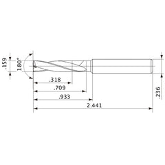 MFE0404X02S060 DP1020 0.159″ Dia. × 0.236″ Shank × 0.709″ Flute Length × 2.441″ OAL, 180°, 2 Flute, External Coolant, Solid Carbide Drill