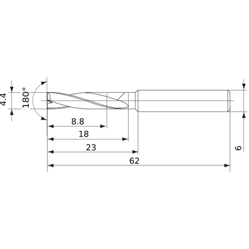 MFE0440X02S060 DP1020 4.4 mm Dia. × 6 mm Shank × 18 mm Flute Length × 62 mm OAL, 180°, 2 Flute, External Coolant, Solid Carbide Drill
