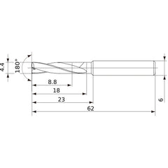 MFE0440X02S060 DP1020 4.4 mm Dia. × 6 mm Shank × 18 mm Flute Length × 62 mm OAL, 180°, 2 Flute, External Coolant, Solid Carbide Drill