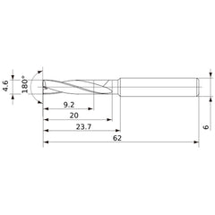 MFE0460X02S060 DP1020 4.6 mm Dia. × 6 mm Shank × 20 mm Flute Length × 62 mm OAL, 180°, 2 Flute, External Coolant, Solid Carbide Drill