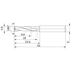 MFE0490X02S060 DP1020 4.9 mm Dia. × 6 mm Shank × 20 mm Flute Length × 62 mm OAL, 180°, 2 Flute, External Coolant, Solid Carbide Drill