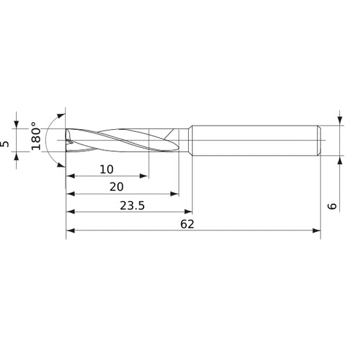 MFE0500X02S060 DP1020 5 mm Dia. × 6 mm Shank × 20 mm Flute Length × 62 mm OAL, 180°, 2 Flute, External Coolant, Solid Carbide Drill