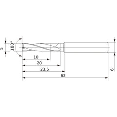 MFE0500X02S060 DP1020 5 mm Dia. × 6 mm Shank × 20 mm Flute Length × 62 mm OAL, 180°, 2 Flute, External Coolant, Solid Carbide Drill