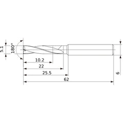 MFE0510X02S060 DP1020 5.1 mm Dia. × 6 mm Shank × 22 mm Flute Length × 62 mm OAL, 180°, 2 Flute, External Coolant, Solid Carbide Drill