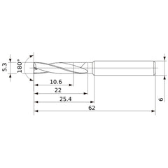 MFE0530X02S060 DP1020 5.3 mm Dia. × 6 mm Shank × 22 mm Flute Length × 62 mm OAL, 180°, 2 Flute, External Coolant, Solid Carbide Drill