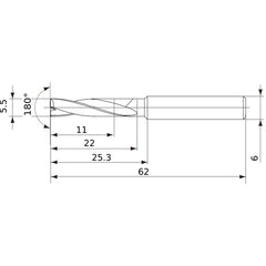 MFE0550X02S060 DP1020 5.5 mm Dia. × 6 mm Shank × 22 mm Flute Length × 62 mm OAL, 180°, 2 Flute, External Coolant, Solid Carbide Drill