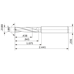 MFE0556X02S060 DP1020 0.2188″ Dia. × 0.236″ Shank × 0.945″ Flute Length × 2.441″ OAL, 180°, 2 Flute, External Coolant, Solid Carbide Drill
