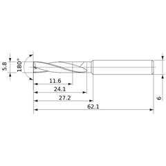 MFE0580X02S060 DP1020 5.8 mm Dia. × 6 mm Shank × 24 mm Flute Length × 62 mm OAL, 180°, 2 Flute, External Coolant, Solid Carbide Drill