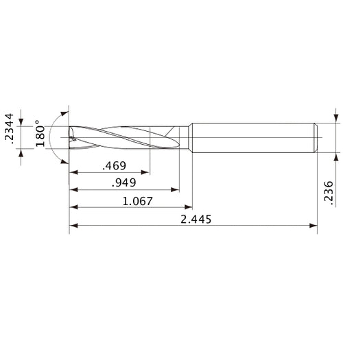 MFE0595X02S060 DP1020 0.2344″ Dia. × 0.236″ Shank × 0.949″ Flute Length × 2.445″ OAL, 180°, 2 Flute, External Coolant, Solid Carbide Drill