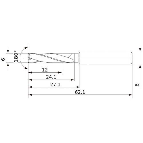 MFE0600X02S060 DP1020 6 mm Dia. × 6 mm Shank × 24 mm Flute Length × 62 mm OAL, 180°, 2 Flute, External Coolant, Solid Carbide Drill