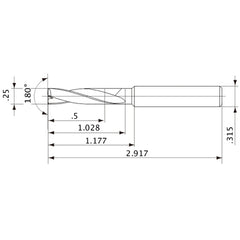 MFE0635X02S080 DP1020 1/4″ Dia. × 0.315″ Shank × 1.028″ Flute Length × 2.917″ OAL, 180°, 2 Flute, External Coolant, Solid Carbide Drill