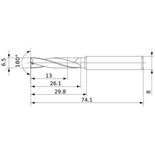 MFE0650X02S080 DP1020 6.5 mm Dia. × 8 mm Shank × 26 mm Flute Length × 74 mm OAL, 180°, 2 Flute, External Coolant, Solid Carbide Drill