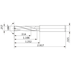 MFE0653X02S080 DP1020 0.257″ Dia. × 0.315″ Shank × 1.106″ Flute Length × 2.917″ OAL, 180°, 2 Flute, External Coolant, Solid Carbide Drill