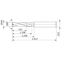 MFE0675X02S080 DP1020 0.2656″ Dia. × 0.315″ Shank × 1.106″ Flute Length × 2.917″ OAL, 180°, 2 Flute, External Coolant, Solid Carbide Drill