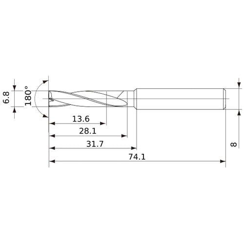 MFE0680X02S080 DP1020 6.8 mm Dia. × 8 mm Shank × 28 mm Flute Length × 74 mm OAL, 180°, 2 Flute, External Coolant, Solid Carbide Drill