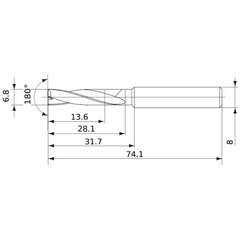MFE0680X02S080 DP1020 6.8 mm Dia. × 8 mm Shank × 28 mm Flute Length × 74 mm OAL, 180°, 2 Flute, External Coolant, Solid Carbide Drill