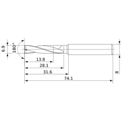 MFE0690X02S080 DP1020 6.9 mm Dia. × 8 mm Shank × 28 mm Flute Length × 74 mm OAL, 180°, 2 Flute, External Coolant, Solid Carbide Drill