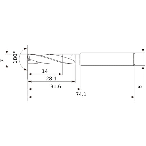 MFE0700X02S080 DP1020 7 mm Dia. × 8 mm Shank × 28 mm Flute Length × 74 mm OAL, 180°, 2 Flute, External Coolant, Solid Carbide Drill