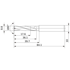 MFE0880X02S100 DP1020 8.8 mm Dia. × 10 mm Shank × 36 mm Flute Length × 84 mm OAL, 180°, 2 Flute, External Coolant, Solid Carbide Drill
