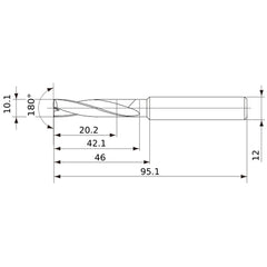 MFE1010X02S120 DP1020 10.1 mm Dia. × 12 mm Shank × 42 mm Flute Length × 95 mm OAL, 180°, 2 Flute, External Coolant, Solid Carbide Drill