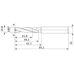 MFE1080X02S120 DP1020 10.8 mm Dia. × 12 mm Shank × 44 mm Flute Length × 95 mm OAL, 180°, 2 Flute, External Coolant, Solid Carbide Drill