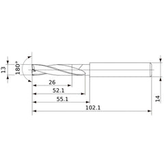 MFE1300X02S140 DP1020 13 mm Dia. × 14 mm Shank × 52 mm Flute Length × 102 mm OAL, 180°, 2 Flute, External Coolant, Solid Carbide Drill