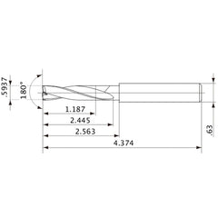 MFE1508X02S160 DP1020 0.5937″ Dia. × 0.63″ Shank × 2.445″ Flute Length × 4.374″ OAL, 180°, 2 Flute, External Coolant, Solid Carbide Drill