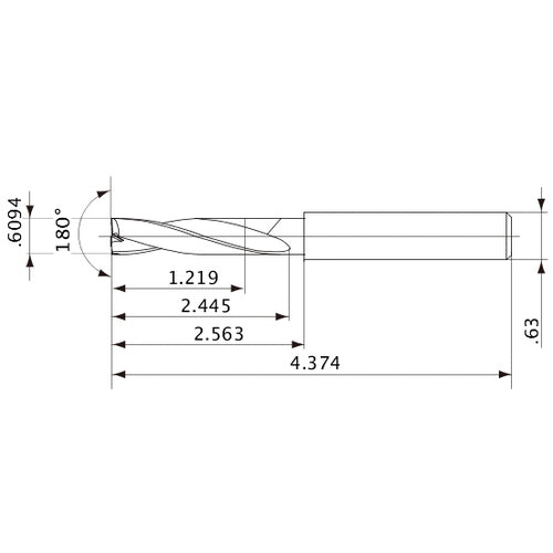 MFE1548X02S160 DP1020 0.6094″ Dia. × 0.63″ Shank × 2.445″ Flute Length × 4.374″ OAL, 180°, 2 Flute, External Coolant, Solid Carbide Drill