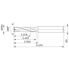 MFE1548X02S160 DP1020 0.6094″ Dia. × 0.63″ Shank × 2.445″ Flute Length × 4.374″ OAL, 180°, 2 Flute, External Coolant, Solid Carbide Drill