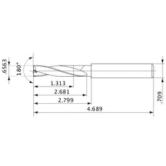 MFE1667X02S180 DP1020 0.6563″ Dia. × 0.709″ Shank × 2.681″ Flute Length × 4.689″ OAL, 180°, 2 Flute, External Coolant, Solid Carbide Drill