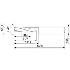 MFE1707X02S180 DP1020 0.6718″ Dia. × 0.709″ Shank × 2.76″ Flute Length × 4.689″ OAL, 180°, 2 Flute, External Coolant, Solid Carbide Drill
