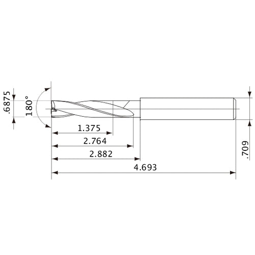 MFE1746X02S180 DP1020 11/16″ Dia. × 0.709″ Shank × 2.764″ Flute Length × 4.693″ OAL, 180°, 2 Flute, External Coolant, Solid Carbide Drill