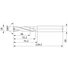 MFE1800X02S180 DP1020 18 mm Dia. × 18 mm Shank × 72 mm Flute Length × 119 mm OAL, 180°, 2 Flute, External Coolant, Solid Carbide Drill