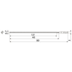 MGS0070L040B HTi10 0.7 mm Dia. × 3 mm Shank × 40 mm Flute Length × 80 mm OAL, 0°, 2 Flute, Coolant Thru, Solid Carbide Drill