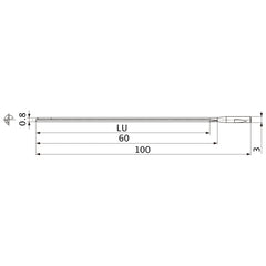 MGS0080L060B HTi10 0.8 mm Dia. × 3 mm Shank × 60 mm Flute Length × 100 mm OAL, 0°, 1 Flute, Coolant Thru, Solid Carbide Drill