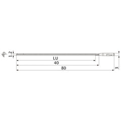 MGS0120L040B HTi10 1.2 mm Dia. × 3 mm Shank × 40 mm Flute Length × 80 mm OAL, 0°, 1 Flute, Coolant Thru, Solid Carbide Drill