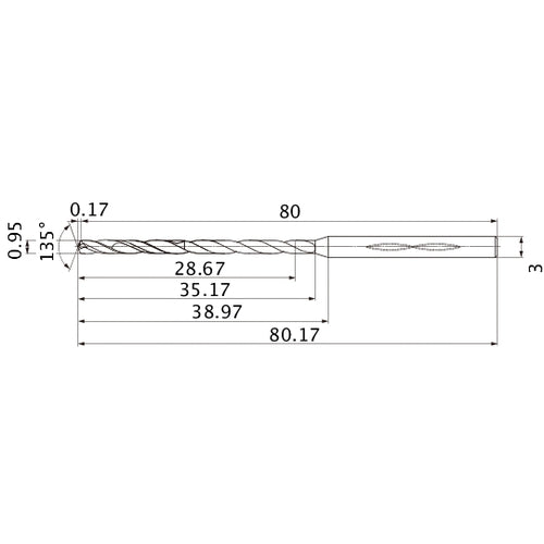 MHS0095L035B VP15TF 0.95 mm Dia. × 3 mm Shank × 35.17 mm Flute Length × 80.17 mm OAL, 135°, 2 Flute, Coolant Thru, Solid Carbide Drill