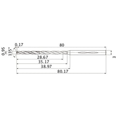 MHS0095L035B VP15TF 0.95 mm Dia. × 3 mm Shank × 35.17 mm Flute Length × 80.17 mm OAL, 135°, 2 Flute, Coolant Thru, Solid Carbide Drill