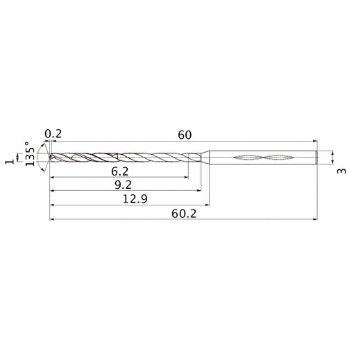 MHS0100L009B VP15TF 1 mm Dia. × 3 mm Shank × 9.2 mm Flute Length × 60.2 mm OAL, 135°, 2 Flute, Coolant Thru, Solid Carbide Drill