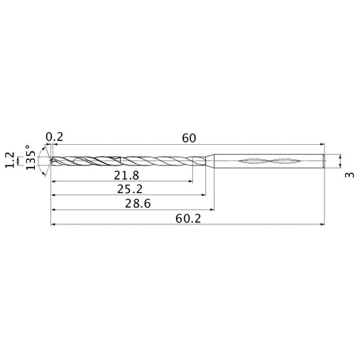 MHS0120L025B VP15TF 1.2 mm Dia. × 3 mm Shank × 25.2 mm Flute Length × 60.2 mm OAL, 135°, 2 Flute, Coolant Thru, Solid Carbide Drill