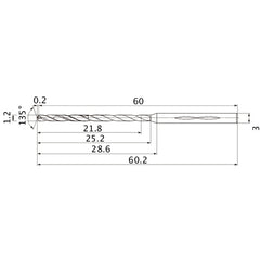 MHS0120L025B VP15TF 1.2 mm Dia. × 3 mm Shank × 25.2 mm Flute Length × 60.2 mm OAL, 135°, 2 Flute, Coolant Thru, Solid Carbide Drill