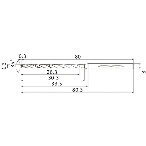 MHS0130L030B VP15TF 1.3 mm Dia. × 3 mm Shank × 30.3 mm Flute Length × 80.3 mm OAL, 135°, 2 Flute, Coolant Thru, Solid Carbide Drill