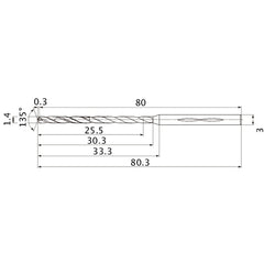 MHS0140L030B VP15TF 1.4 mm Dia. × 3 mm Shank × 30.3 mm Flute Length × 80.3 mm OAL, 135°, 2 Flute, Coolant Thru, Solid Carbide Drill