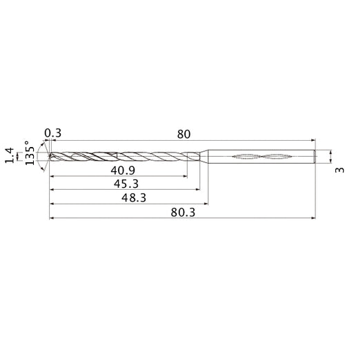 MHS0140L045B VP15TF 1.4 mm Dia. × 3 mm Shank × 45.3 mm Flute Length × 80.3 mm OAL, 135°, 2 Flute, Coolant Thru, Solid Carbide Drill