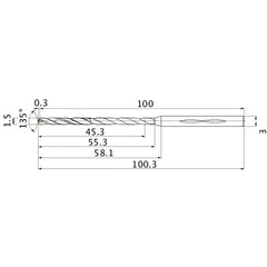 MHS0150L055B VP15TF 1.5 mm Dia. × 3 mm Shank × 55.3 mm Flute Length × 100.3 mm OAL, 135°, 2 Flute, Coolant Thru, Solid Carbide Drill