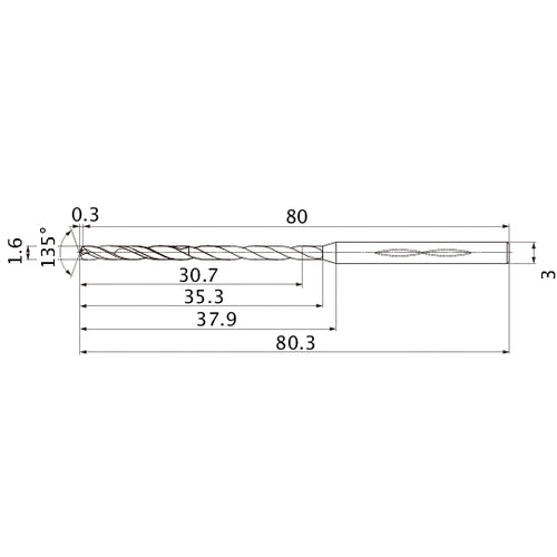 MHS0160L035B VP15TF 1.6 mm Dia. × 3 mm Shank × 35.3 mm Flute Length × 80.3 mm OAL, 135°, 2 Flute, Coolant Thru, Solid Carbide Drill