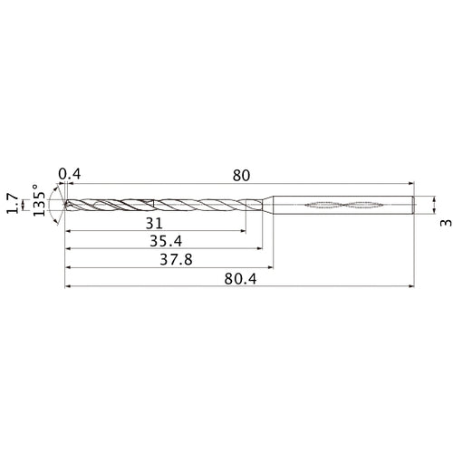 MHS0170L035B VP15TF 1.7 mm Dia. × 3 mm Shank × 35.4 mm Flute Length × 80.4 mm OAL, 135°, 2 Flute, Coolant Thru, Solid Carbide Drill