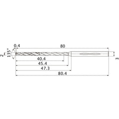 MHS0200L045B VP15TF 2 mm Dia. × 3 mm Shank × 45.4 mm Flute Length × 80.4 mm OAL, 135°, 2 Flute, Coolant Thru, Solid Carbide Drill