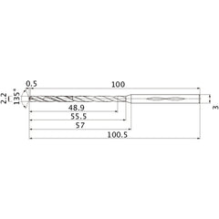 MHS0220L055B VP15TF 2.2 mm Dia. × 3 mm Shank × 55.5 mm Flute Length × 100.5 mm OAL, 135°, 2 Flute, Coolant Thru, Solid Carbide Drill